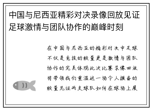 中国与尼西亚精彩对决录像回放见证足球激情与团队协作的巅峰时刻